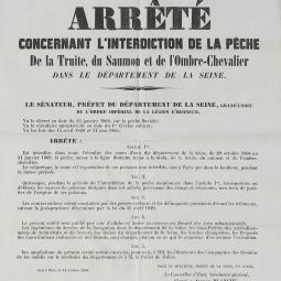 Arrt prfectoral concernant l’interdiction de la pche de la truite, du saumon et de l’omble-chevalier dans le dpartement de la Seine, 1868. Archives de Paris, V2F4 8.