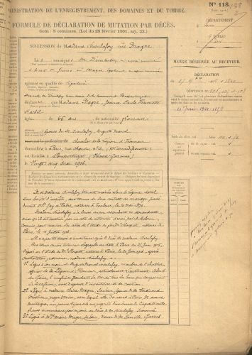 Mutation par dcs de Jeanne Dieulafoy, ne Marge, 9e bureau, n1840, 17 novembre 1916. Archives de Paris, DQ7 33590.