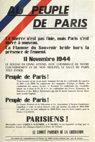 Affiche de commmoration du 11 novembre en 1944. Archives de Paris, 13Fi 4155. 