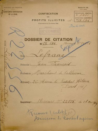 Dossier n546 de citation de confiscation des profits illicites de Jean-Franois Lefranc, marchand d'art, 1949. Archives de Paris, 118W 75.
