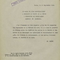 Lettre du maire du 3e arrondissement pour demander la protection des lieux de ravitaillement (coles). Archives de Paris, 1100W 10. 