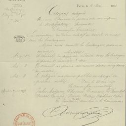 Notification aux mairies d’arrondissement du dcret sur la suppression du travail de nuit des boulangers, 2 mai 1871. Archives de Paris, VD6 1503.