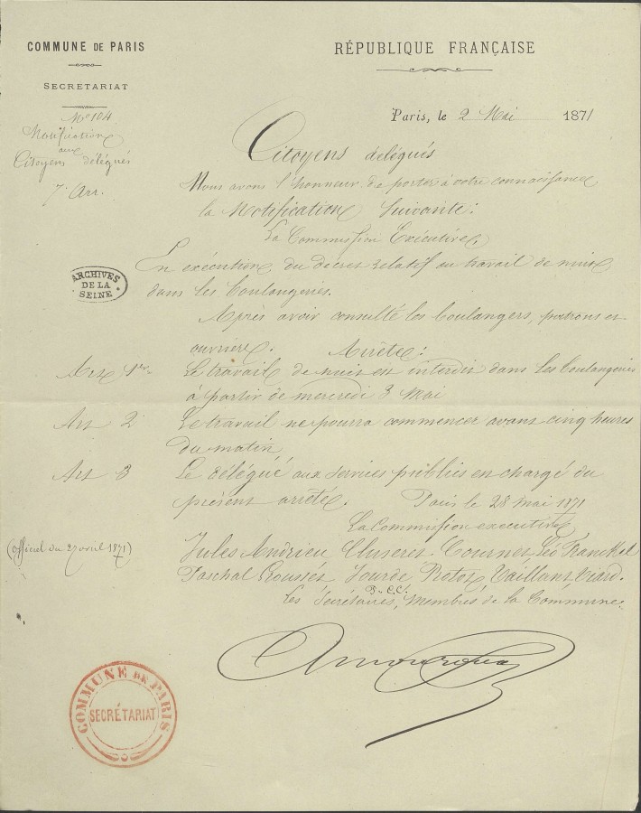 Notification aux mairies d&#8217;arrondissement du dcret sur la suppression du travail de nuit des boulangers, 2 mai 1871. Archives de Paris, VD6 1503.