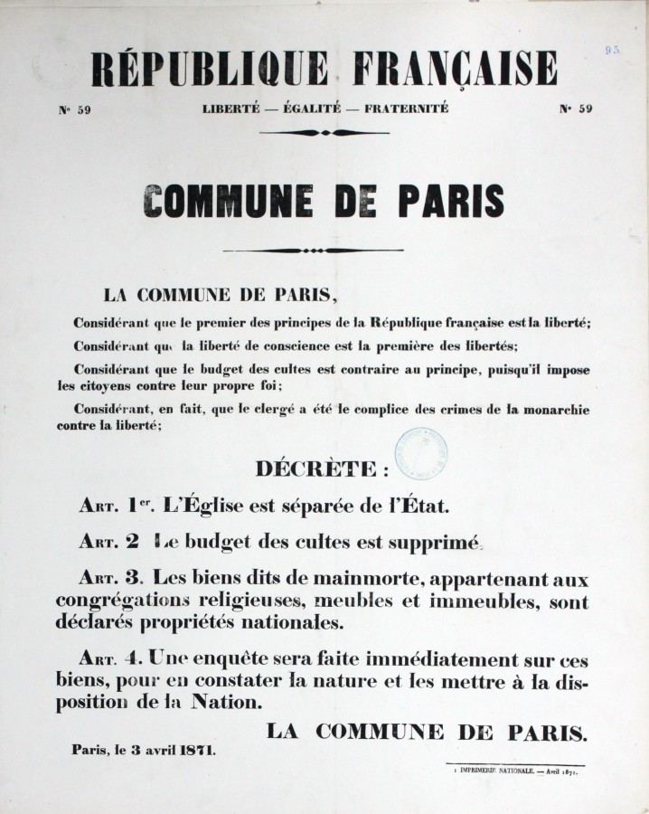 Dcret sur la sparation de l&#8217;glise et de l&#8217;tat, 3 avril 1871. Archives de Paris, ATLAS 528.