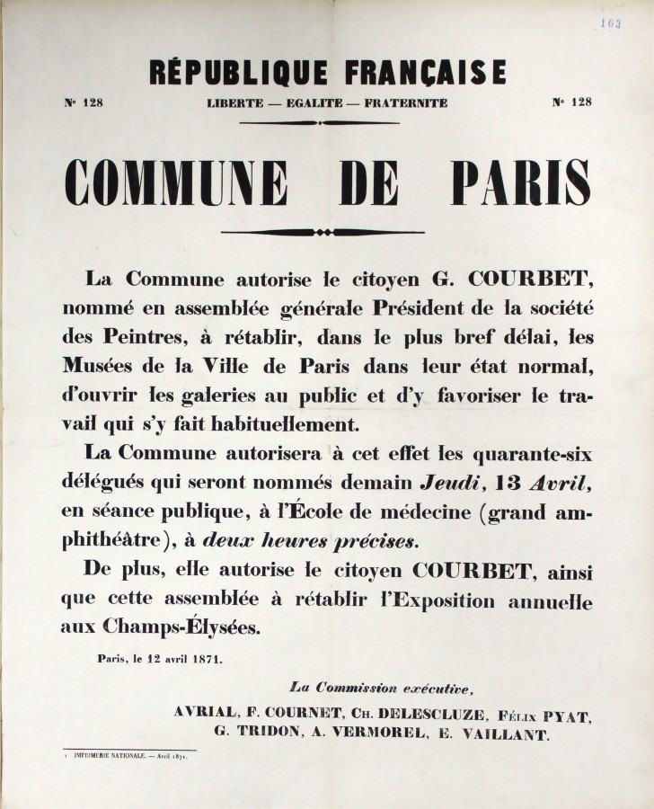 Dcret autorisant Gustave Courbet  rtablir les muses de la ville et  ouvrir les galeries au public, 12 avril 1871. Archives de Paris, ATLAS 528.