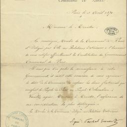 Notification  la Colombie de la constitution du gouvernement Communal, 3 avril 1871. Archives de Paris, 4AZ 10.