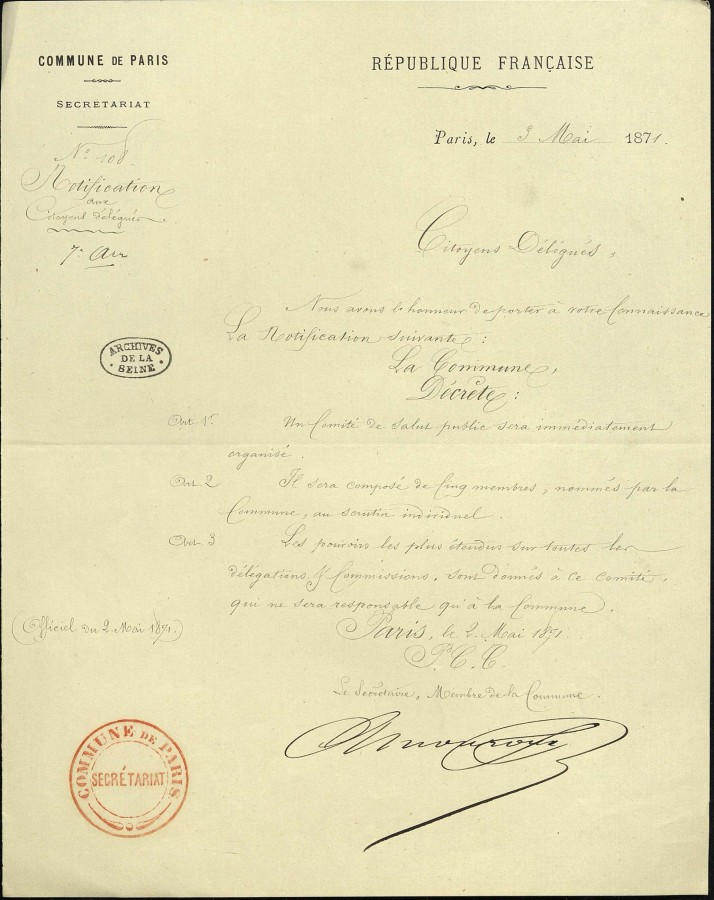 Notification aux mairies d&#8217;arrondissement du dcret sur la constitution d&#8217;un comit de salut public, 3 mai 1871. Archives de Paris, VD6 1503.