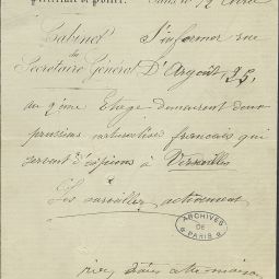 Ordre manant de la prfecture de police d’avoir  s’informer rue d’Argoult sur deux Prussiens naturaliss franais, souponns d’espionner pour Versailles, 12 avril 1871. Archives de Paris, D1J 12 dossier 257.