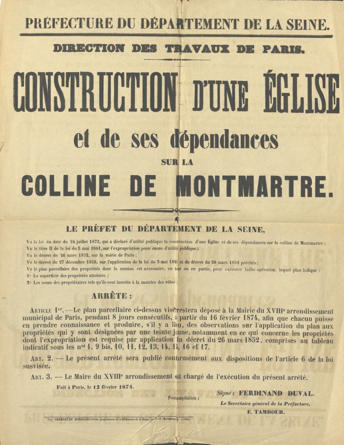 Arrt du prfet de la Seine sur la construction d&#8217;une glise et de ses dpendances sur la butte Montmartre, 12 fvrier 1874. Archives de Paris, VM 32-37, supplment n 30.