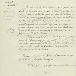 Lettre du ministre de l’Agriculture et du commerce au maire du 4e arrondissement, 16 dcembre 1870. Archives de Paris, VD6 1506.