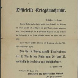 Placard allemand relatif aux nouvelles de la guerre et au sige de Paris, 27 et 28 janvier 1871. Archives de Paris, 6AZ 2 dossier 102.
