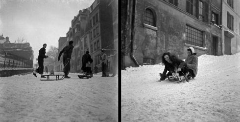 Sports d'hiver à Montmartre, luge. Fonds Maurice Bertrand (détail), janvier 1945. Archives de Paris, 35Fi 1925 (gauche) et 35Fi 1928 (droite).
