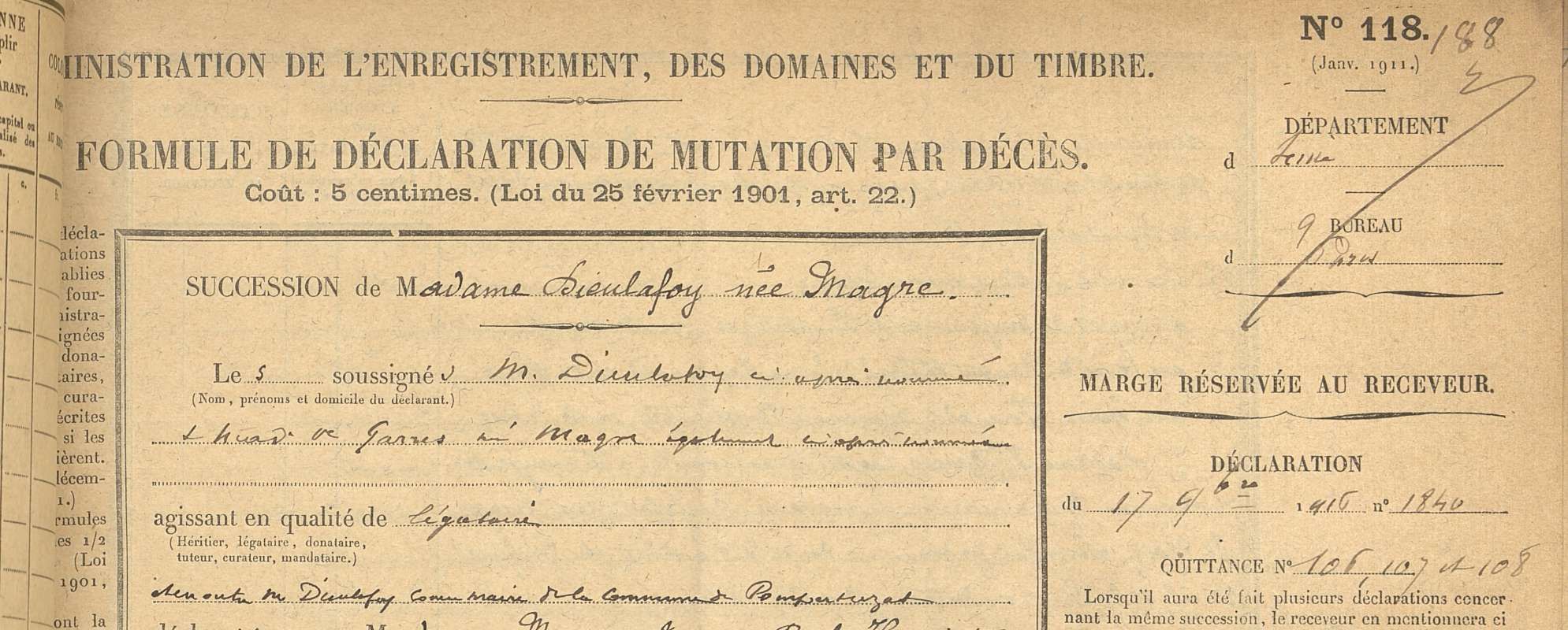 Mutation par décès de Jeanne Dieulafoy, née Marge, 9e bureau, n°1840, 17 novembre 1916. Archives de Paris, DQ7 33590.