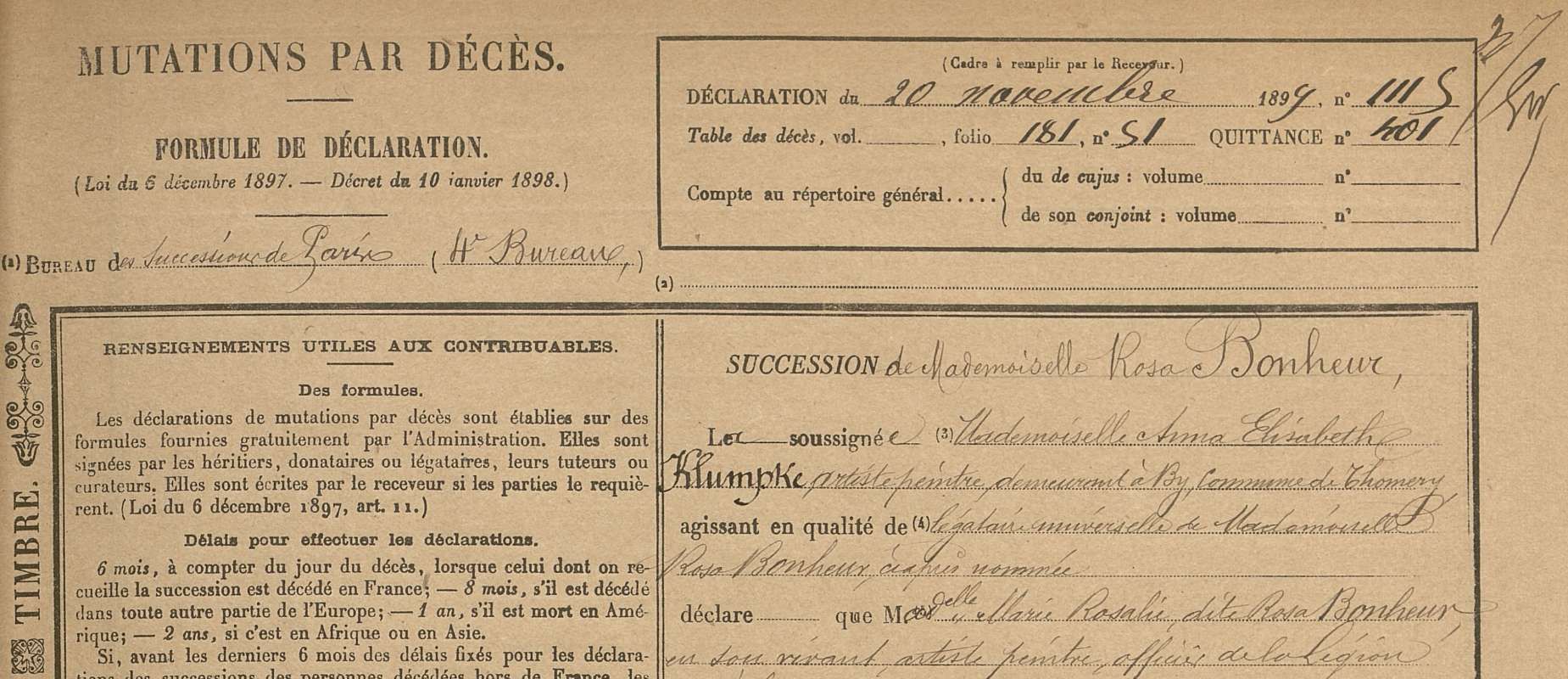 Mutation par décès de Rosa Bonheur, 4e bureau, n°1115, 20 novembre 1899. Archives de Paris, DQ7 11534.