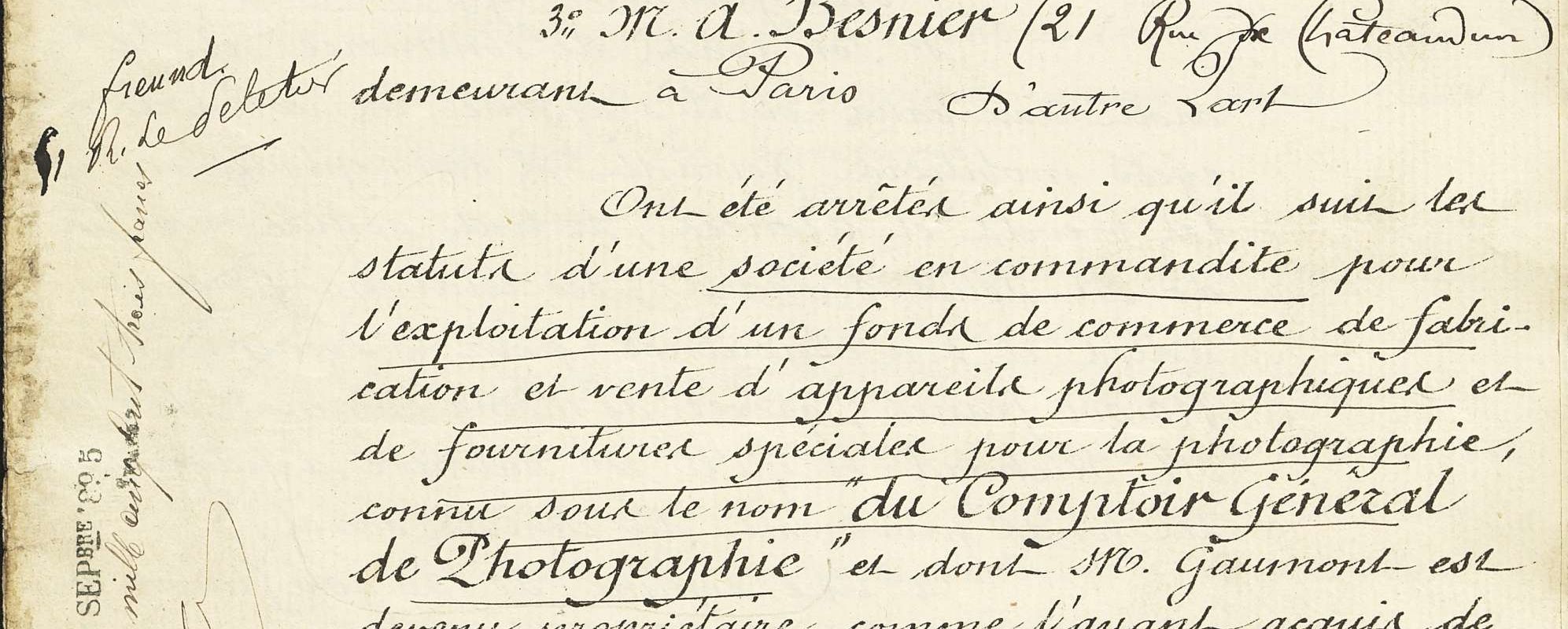 A acte de constitution de la socit Comptoir gnral de la photographie, enregistre le 2 septembre 1895 sous le n 1876 (page 1). Archives de Paris, D31U3 759. 