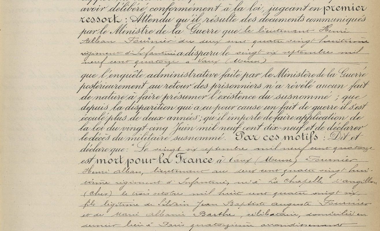 Jugement dclaratif de dcs dHenri Alban Fournier rendu le 25 juin 1920 par la 12e chambre du Tribunal civil de la Seine. Archives de Paris, DU5 5766.