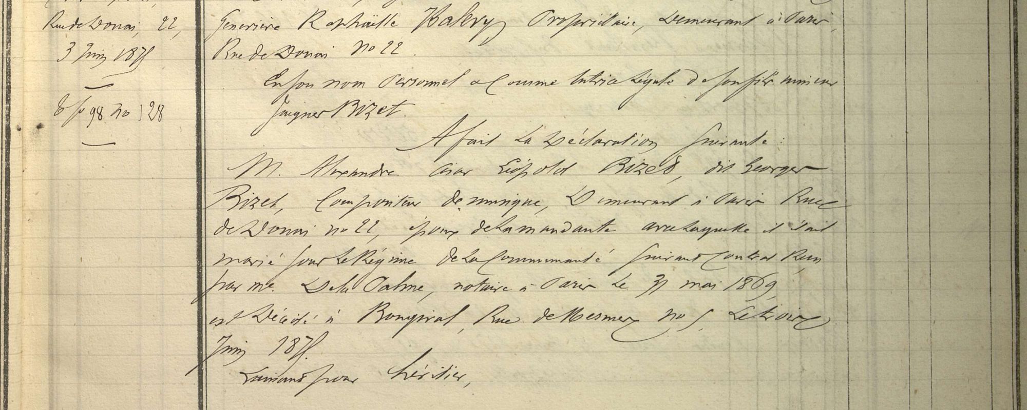 Dclaration de succession dAlexandre Csar Lopold Bizet, dit Gorges Bizet, enregistr le 1er dcembre 1875 par le 8e bureau des successions sous le n 1253. Archives de Paris, DQ7 12368.
