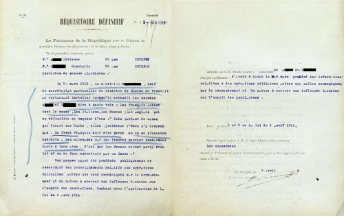 Jugement de deux jeunes Parisiennes pour "propos alarmistes", 1918. Archvies de Paris, D2U6 203