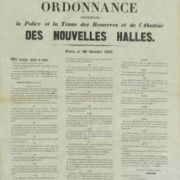 Ordonnance concernant la police et la tenue des resserres et abattoirs des nouvelles Halles, 1857. Archives de Paris, V2F4 7.