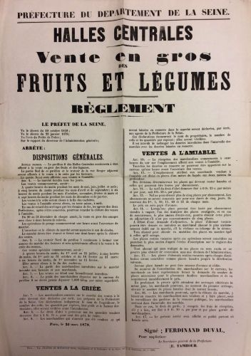 Rglement de la vente en gros des fruits et lgumes aux Halles centrales, 25 mars 1878. Archives de Paris, 1338W 2052.