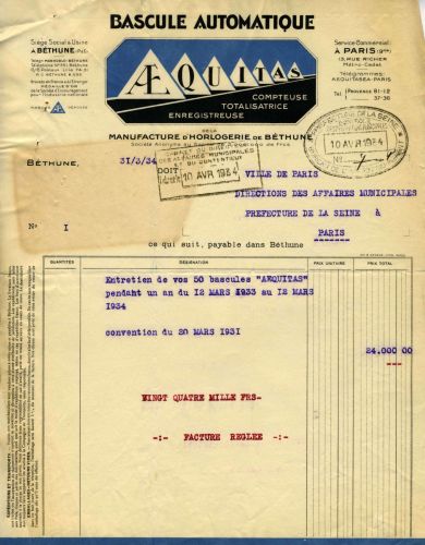 Concession pour l&#8217;entretien des balances de pesage, 1934. Archives de Paris, 1338W 1178.