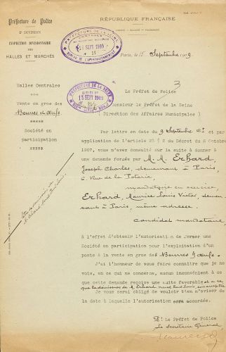 Consultation de la prfecture de police pour l&#8217;occupation d&#8217;un poste au pavillon n10 pour la vente en gros des beurres et ufs, 1909. Archies de Paris, 1338W 232.