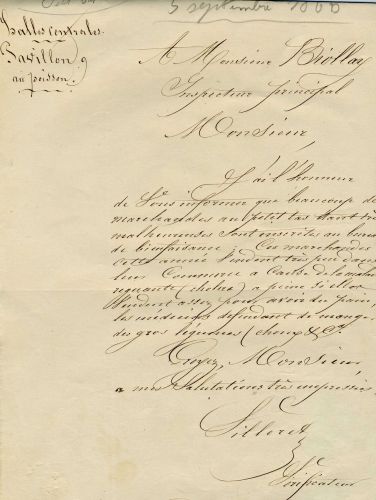 Lettre d&#8217;un vrificateur   l&#8217;inspecteur principal de la prfecture de la Seine, au sujet des  marchandes au petit tas , 1868. Archives de Paris, V2F4 3.