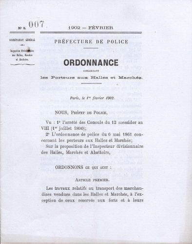  Ordonnance de la prfecture de police relative aux porteurs des Halles, 1902. Archives de Paris, 1338W 2052.