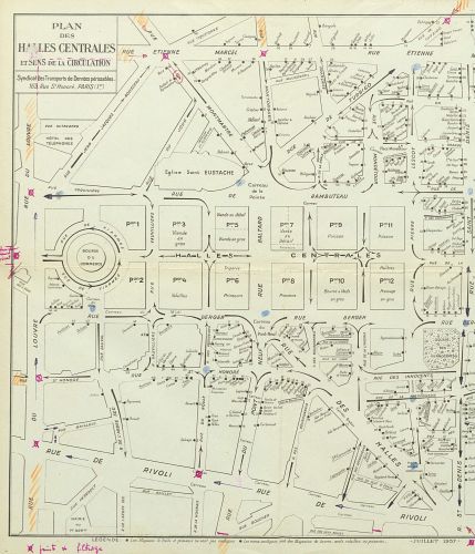 Plan des Halles centrales et sens de la circulation du syndicat des transports des denres prissables, 1937. Archives de Paris, 1338W 1160.
