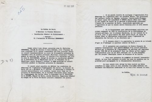 Lettre du prfet de Paris au cabinet du Premier ministre, 22 aot 1969. Archives de Paris, PEROTIN/101/77/1 40.
