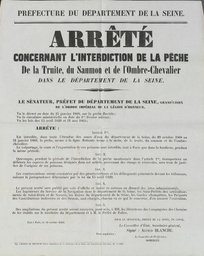 Arrt prfectoral concernant l&#8217;interdiction de la pche de la truite, du saumon et de l&#8217;omble-chevalier dans le dpartement de la Seine, 1868. Archives de Paris, V2F4 8.