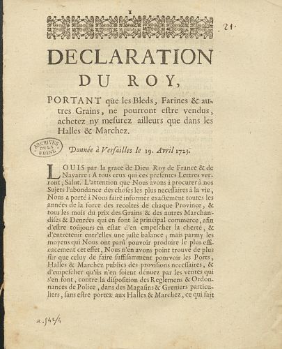 Dclaration du roi sur le lieu de mesure, vente et achat des bls et farines. Archives de Paris, D5Z 9.