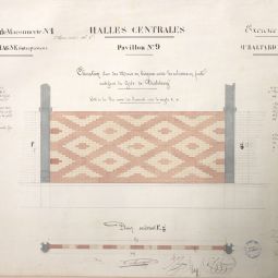 Dessin d'un élévation d'un mur en briques du pavillon n°9 aux halles centrales, 1856. Archives de Paris, ATLAS 551.