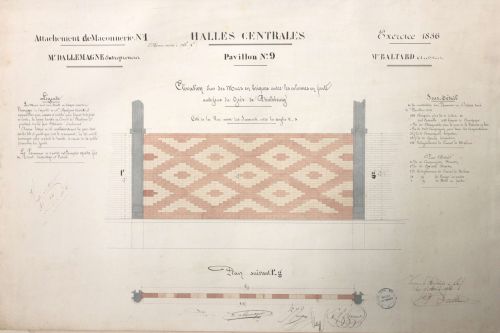 Dessin d'un lvation d'un mur en briques du pavillon n9 aux halles centrales, 1856. Archives de Paris, ATLAS 551.