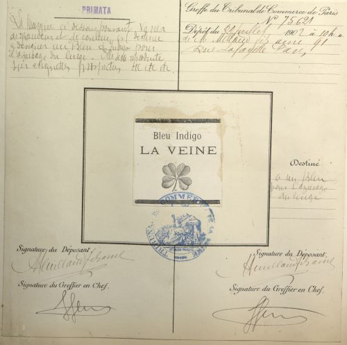 Dépôt de la marque LA VEINE, pour l’azurage du linge, le 21 juillet 1902 sous le numéro 75 621. Archives de Paris, D17U3 127.