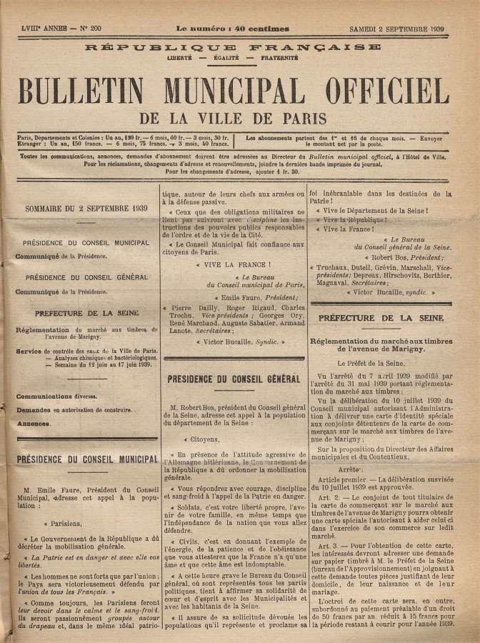 Discours du prsident du conseil municipal et du prfet de la Seine, 2 septembre 1939. Archives de Paris, D3K3 189
