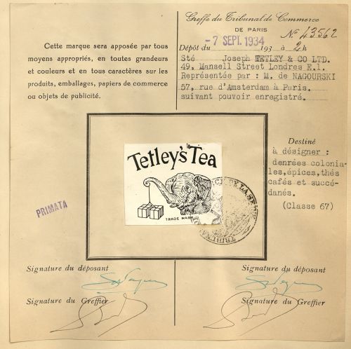 Dpt de la marque TETLEYS TEA, pour denres coloniales, pices, ths, cafs et succdans, le7 septembre 1934 sous le numro 43562. Archives de Paris, D17U3 626.