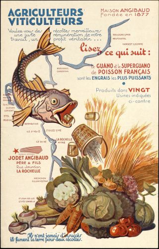 Dépliant publicitaire pour les engrais à base de guano de poisson d'Amérique du Sud fabriqués par la maison rochelaise Jodet-Angibaud (fondée en 1877), s.d. [1927-1939]. Archives de Paris, VM90 302.  