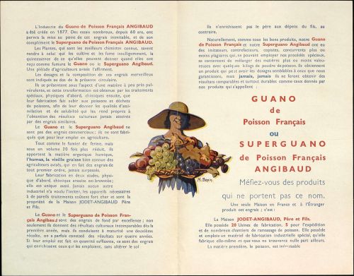 dépliant publicitaire pour les engrais à base de guano de poisson d'Amérique du Sud fabriqués par la maison rochelaise Jodet-Angibaud (fondée en 1877), s.d. [1927-1939]. Archives de Paris, VM90 302.