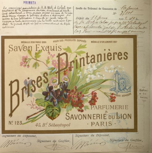 Tribunal de commerce de la Seine, puis de Paris : dpt de la marque  Brises Printanires , savons, par la socit Savonnerie du Lion, 12 juin 1902. Archives de Paris, D17U3 126 (n75101).