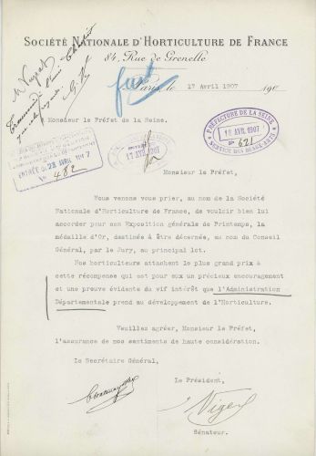 Lettre de la Société nationale d’horticulture de France au préfet de la Seine, 17 avril 1907. Archives de Paris, DM7 9.