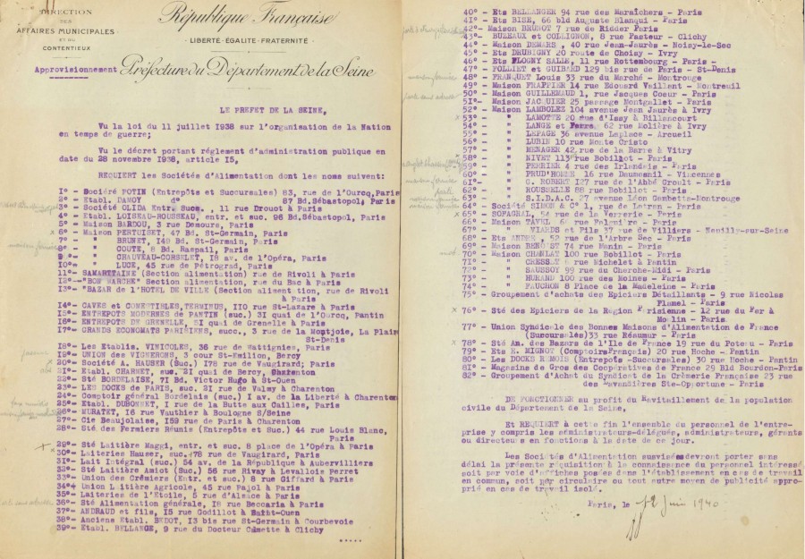 Rquisition franaise d'usines et tablissements privs pour le ravitaillement de la population civile. Archives de Paris, 1338W 1058