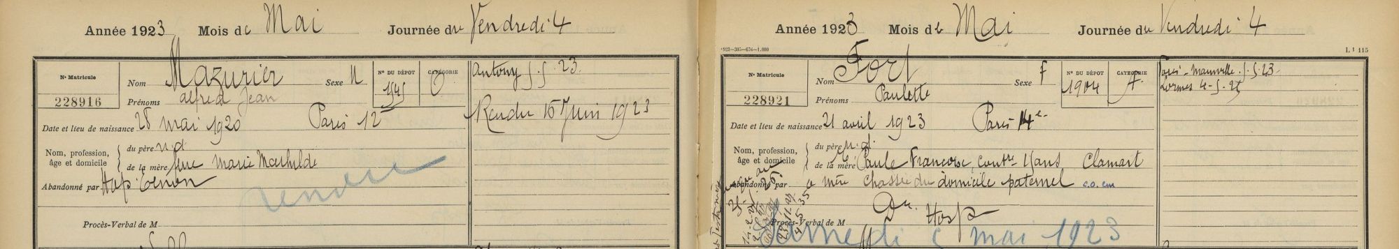 Registre chronologique d’admission des enfants assistés le 3 mai 1923. Archives de Paris, cote D4X4 573.