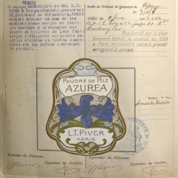 Tribunal de commerce de la Seine : dépôt de la marque « Azurea » par L. T. Pivert, 9 juin 1902. Archives de Paris, D17U3 126 (n°75055). 