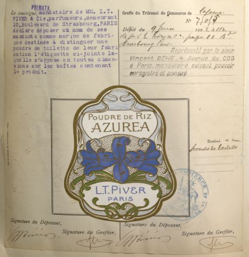 Tribunal de commerce de la Seine : dépôt de la marque « Azurea » par L. T. Pivert, 9 juin 1902. Archives de Paris, D17U3 126 (n°75055). 
