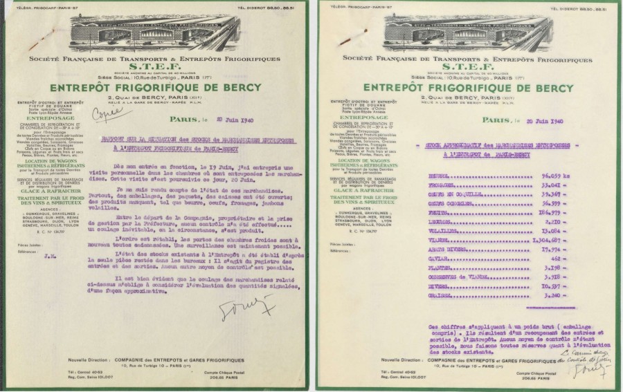 Rapport sur la situation des marchandises stockes aux entrepts frigorifiques de Bercy. Archives de Paris, 1338W 1058 