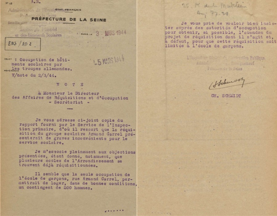Occupation de btiments scolaires par les troupes allemandes. Archives de Paris, PEROTIN/6096/70/1/732 1.