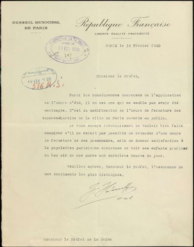 Lettre d'un conseilles municipal de Paris au prfet de la Seine, 16 fvrier 1920. Archives de Paris, VM90 1.