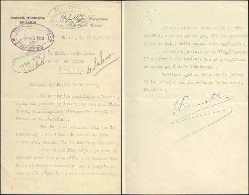 Lettres d'un conseiller municipal de Paris au prfet de la Seine, 27 avril 1920. Archives de Paris, VM90 1.