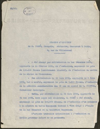 Demande d’audience relative aux commandes de statuaires effectuées auprès de François Cogné, 1935. Archives de Paris, Perotin/10624/72/1 10.